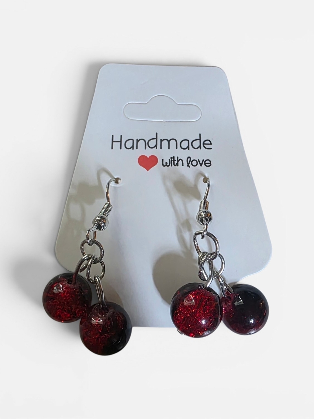 Handmade Red and Black Crackle Glass Bead Cherry Dangle Earrings